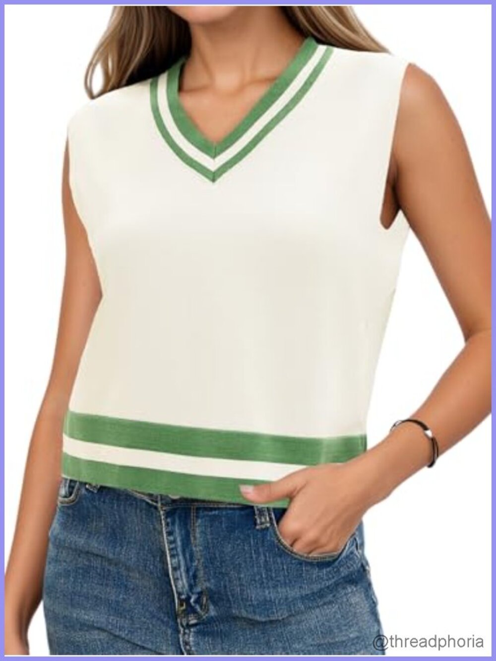 Cropped Sweater Vest V Neck Sleeveless Loose Fit Striped Knit Lightweight